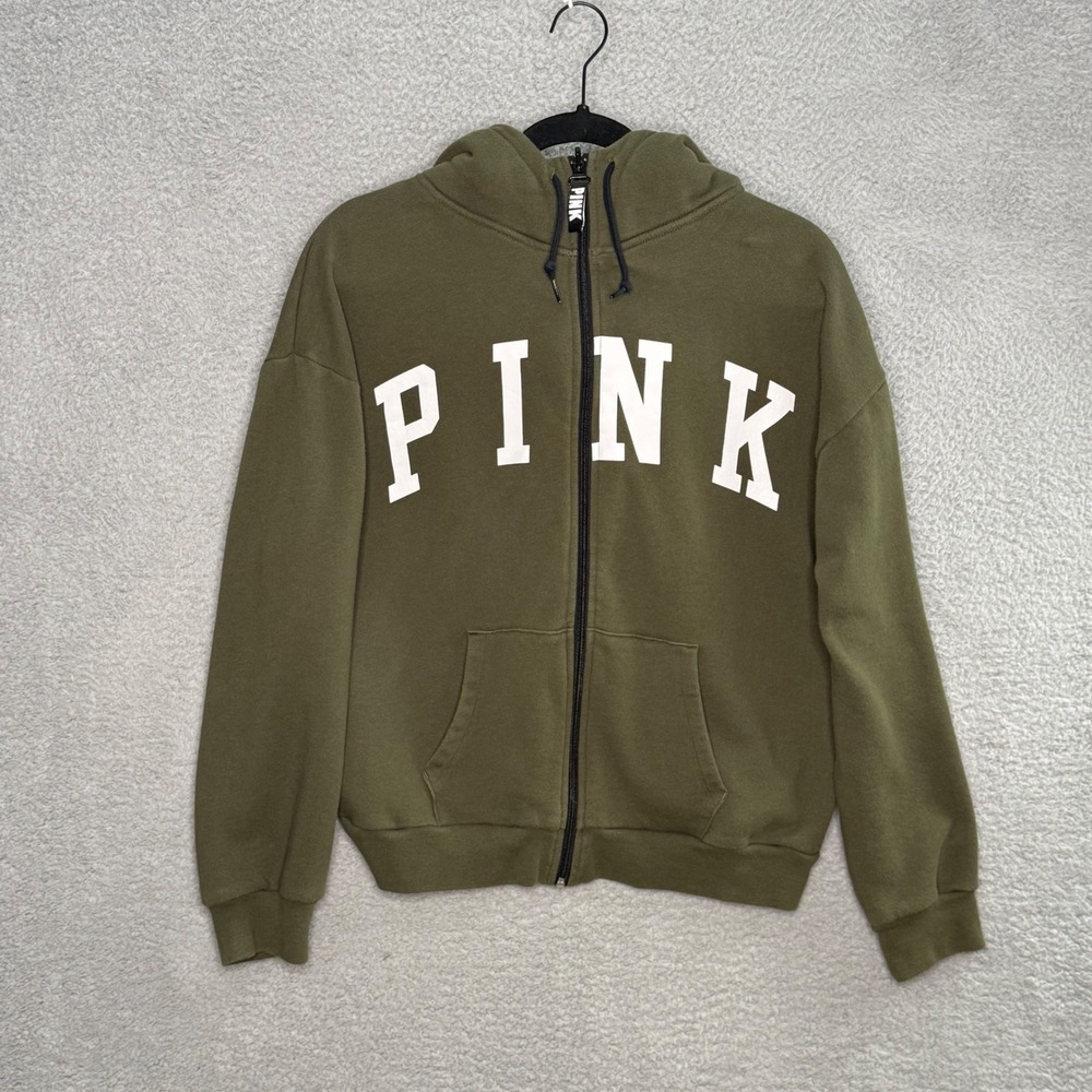 PINK Victorias Secret Olive Green Faux Fur Lined Full Zip Hoodie Logo Large